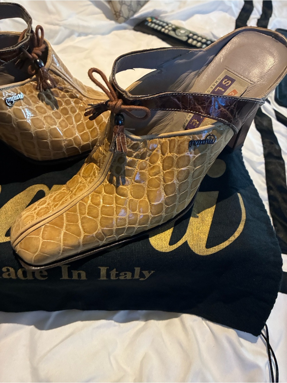 Mauri made in Italy Real Croc-Embossed Tan Gold Leather Slingback Mules